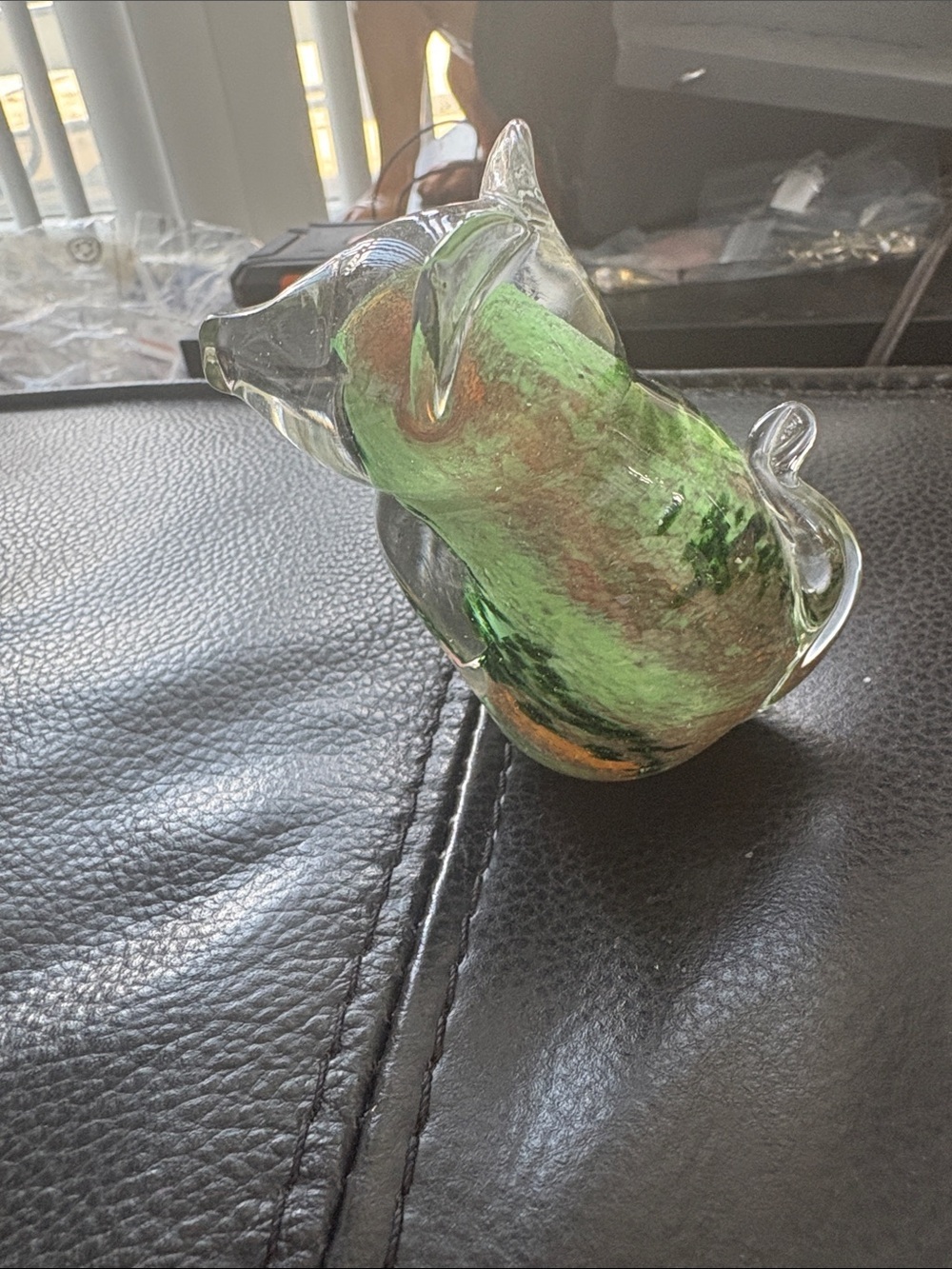 Handblown Swedish Glass Pig Figurine Encased Green Brown And White Paperweight